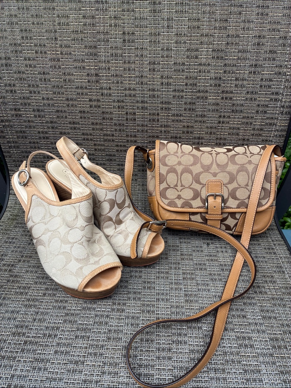 Coach Tan & Cream Signature Canvas Crossbody with Wedge Sandals